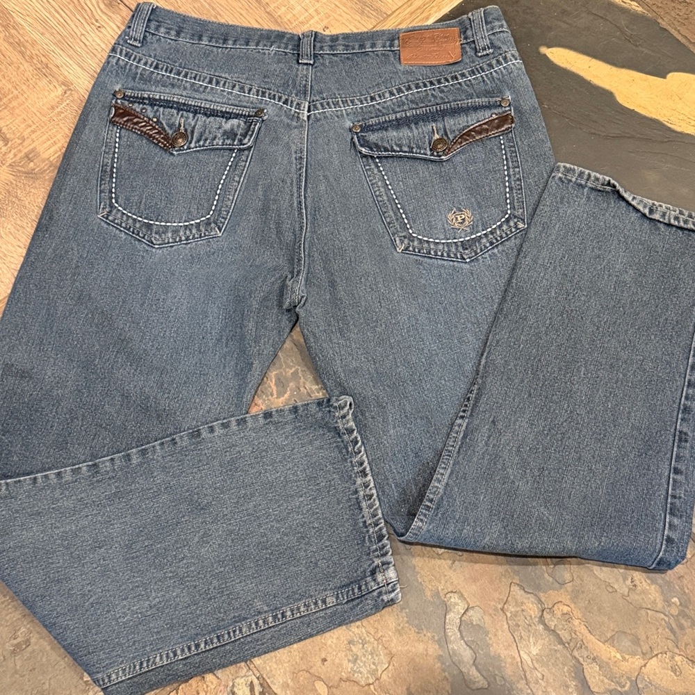 Phat Farm men’s 38/32, slim blue Jeans, leather studded flap embroidery pockets